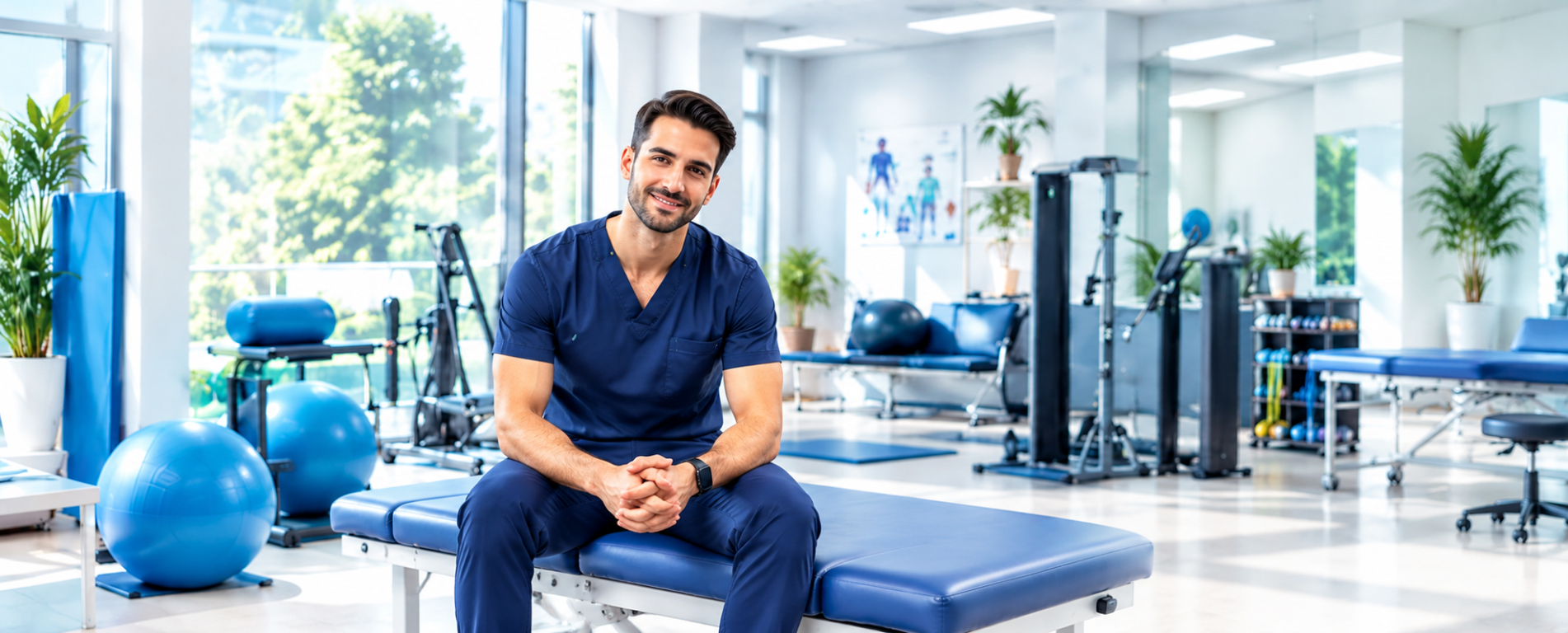 أخصائي علاج طبيعي داخل مركز تأهيل حديث مزود بأجهزة العلاج والتمارين