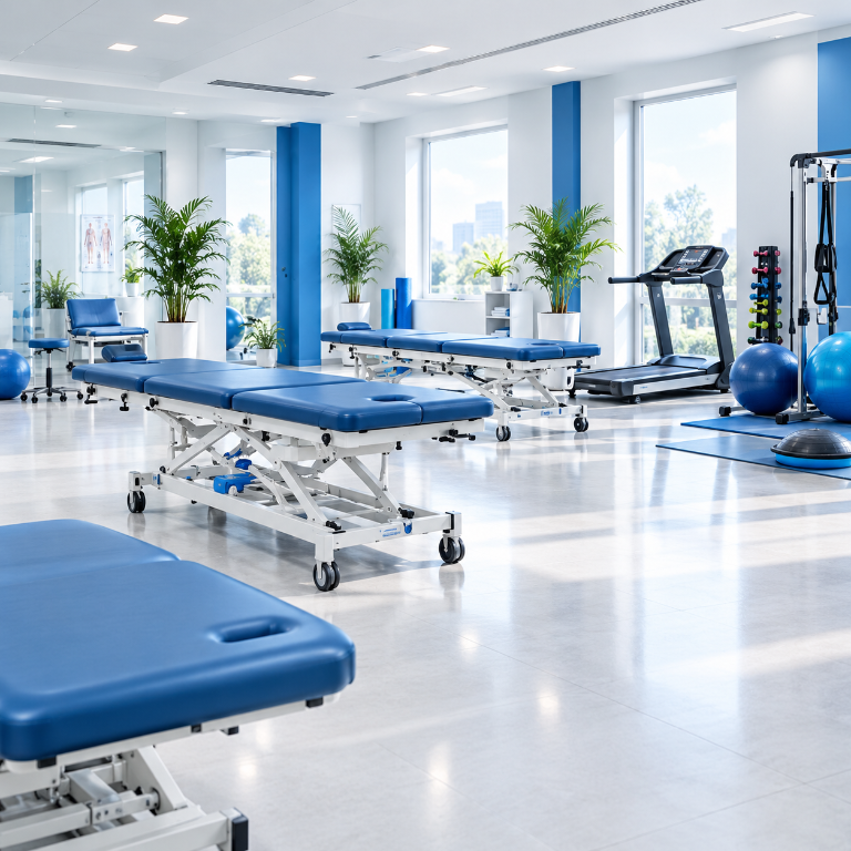 مركز علاج طبيعي حديث مجهز بطاولات علاج وأجهزة تمارين زرقاء